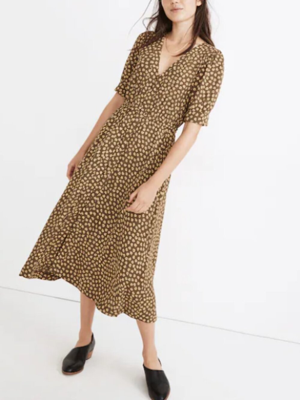 Madewell Button-Cuff Midi Dress in Woodcut Flowers Marlow Floral Golden Spinach